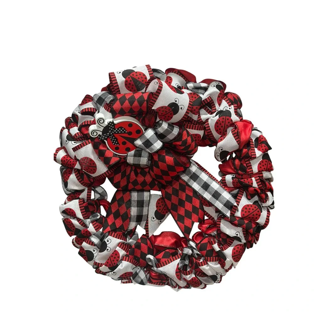 Handmade Ribbon Ladybug Wreath: Vibrant Red Black Decor